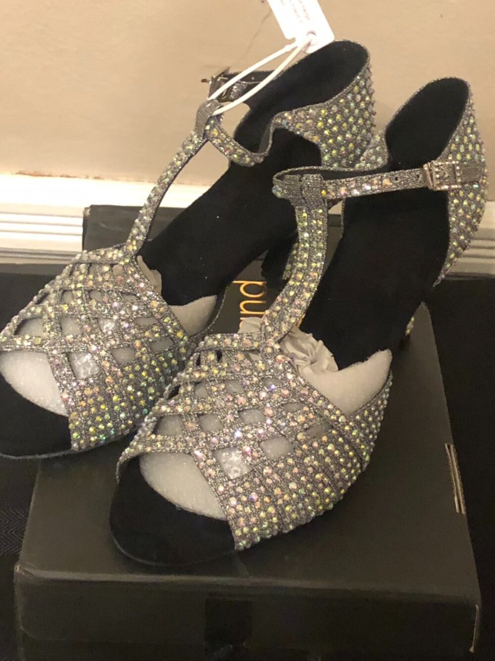 DanceandSway Black Rhinestone T Strap Latin Dance Heels 8.5